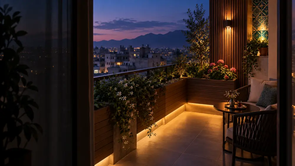 Balcony Lighting with WPC Planters at Dusk نورپردازی گرم بالکن در غروب با فلاورباکس چوب پلاست، گیاهان و فضای نشیمن کوچک