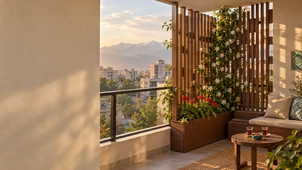 Balcony Privacy Screen with WPC Planters بالکن آپارتمانی با پنل مشبک چوب پلاست برای حریم خصوصی، فلاورباکس گل و فضای نشیمن