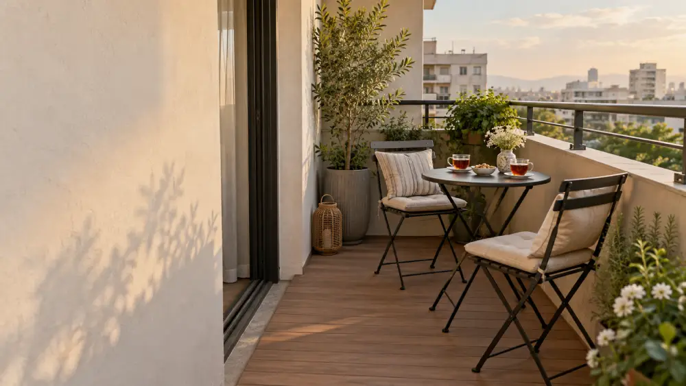 Cozy Small Balcony Seating Area فضای نشیمن بالکن کوچک با دو صندلی تاشو، میز گرد، گلدانهای سبز و کفپوش طرح چوب
