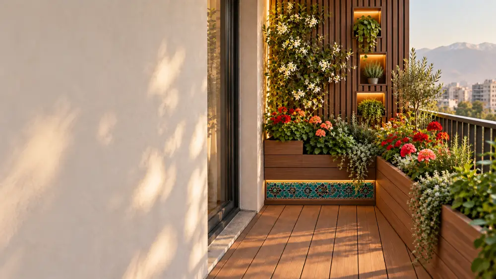 Small Balcony Plant Arrangement چیدمان گلدانهای سبز در گوشه بالکن کوچک با کفپوش طرح چوب و مسیر رفتوآمد باز