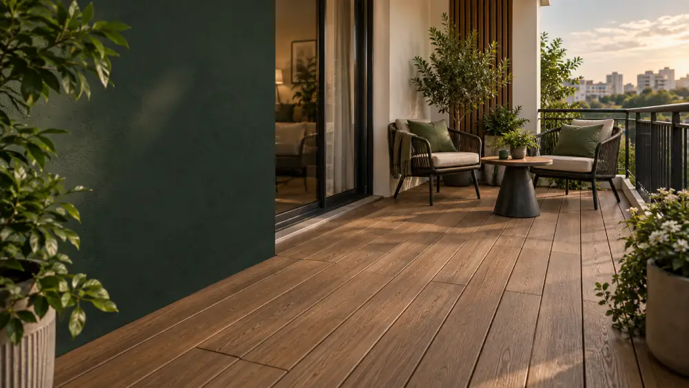 Wood Plastic Composite Balcony Flooring Design بالکن آپارتمانی با کفپوش چوب پلاست طرح چوب، دو صندلی، میز کوچک و گلدانهای سبز