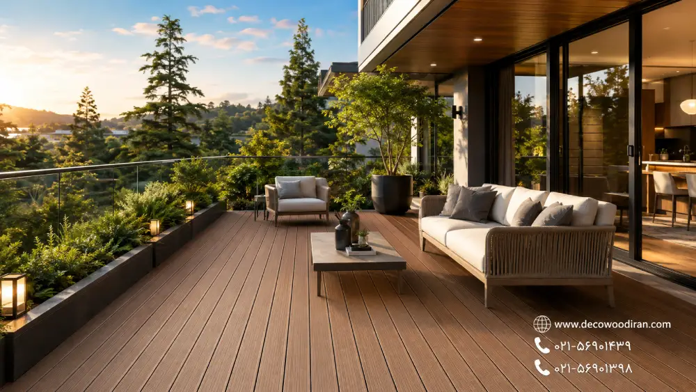 Decowood WPC Decking کفپوش چوب پلاست دکووود در تراس ویلای مدرن با طراحی لوکس فضای باز