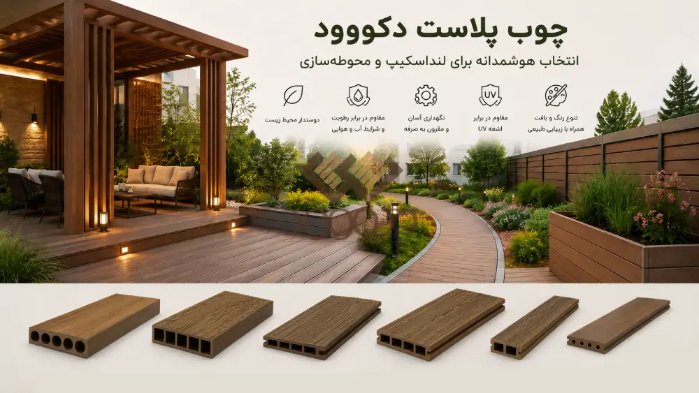 Decowood WPC Profiles for Landscape and Outdoor Design بنر چوب پلاست دکووود برای لنداسکیپ و محوطهسازی با نمایش پرگولا، کفپوش و مسیر چوب پلاست در فضای باز بههمراه نمونه پروفیلهای کاربردی دکووود