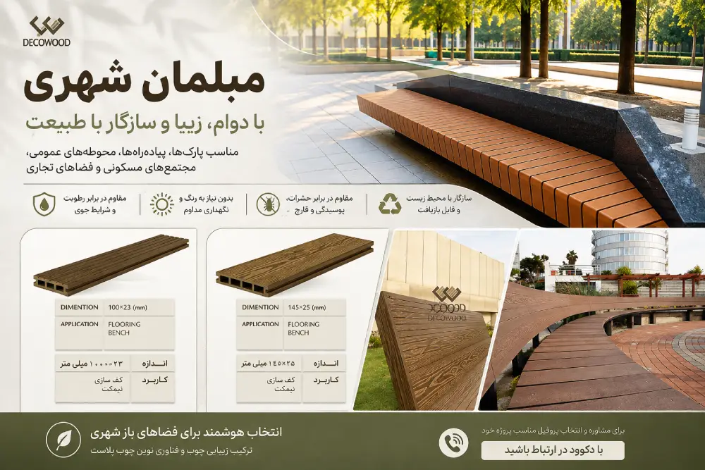 Decowood WPC Profiles for Urban Furniture and Benches بنر مبلمان شهری چوب پلاست دکووود با نمایش پروفیلهای چوب پلاست مناسب نیمکت، نمونه نیمکتهای اجراشده و کاربرد چوب پلاست در فضاهای شهری و محوطههای باز