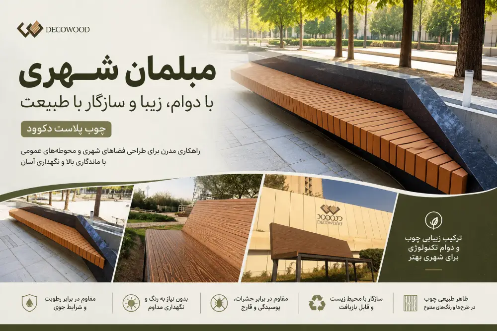 Decowood Wood Plastic Urban Furniture بنر مبلمان شهری چوب پلاست دکووود با نمایش نیمکتهای چوب پلاست در فضای باز شهری، محوطه سبز و نمونه پروژههای اجراشده