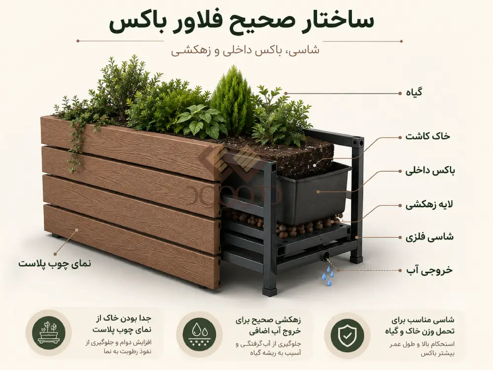 تصویر شماتیک ساختار صحیح فلاور باکس چوب پلاست با نمایش نمای برش‌خورده شامل گیاه، خاک کاشت، باکس داخلی، لایه زهکشی، شاسی فلزی و خروجی آب