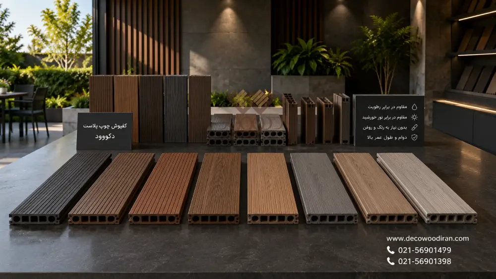 WPC Decking Profiles and Colors (1) انواع پروفیل کفپوش چوب پلاست دکووود شامل مدلهای توپر، توخالی و رنگبندی متنوع