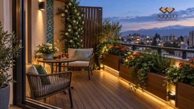 Balcony Decoration Ideas with WPC Decking and Planters (1) دکوراسیون بالکن آپارتمانی با کفپوش چوب پلاست، نشیمن دونفره، فلاورباکس و نورپردازی ملایم